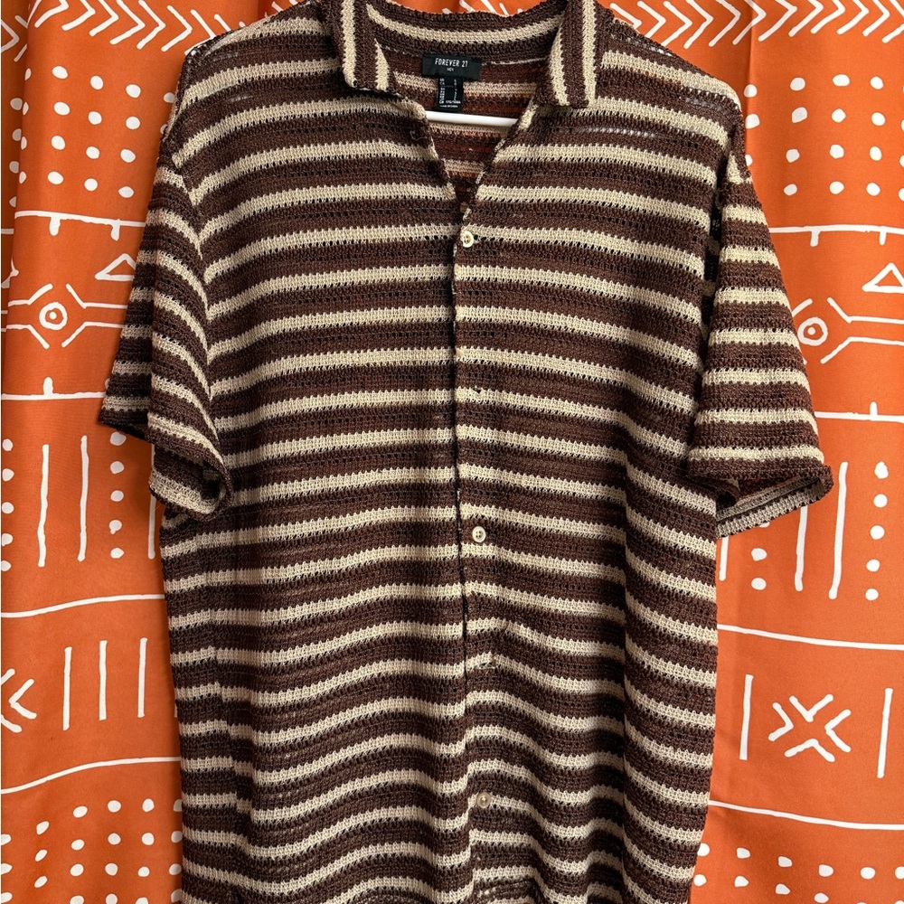 Forever 21 Brown Striped Mens Beach Button Down Shirt L